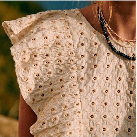 Sezane Top Forta Blouse XXL / Size 12 Sleeveless Ruffle Blouse Eyelet Cotton - Picture 8 of 12